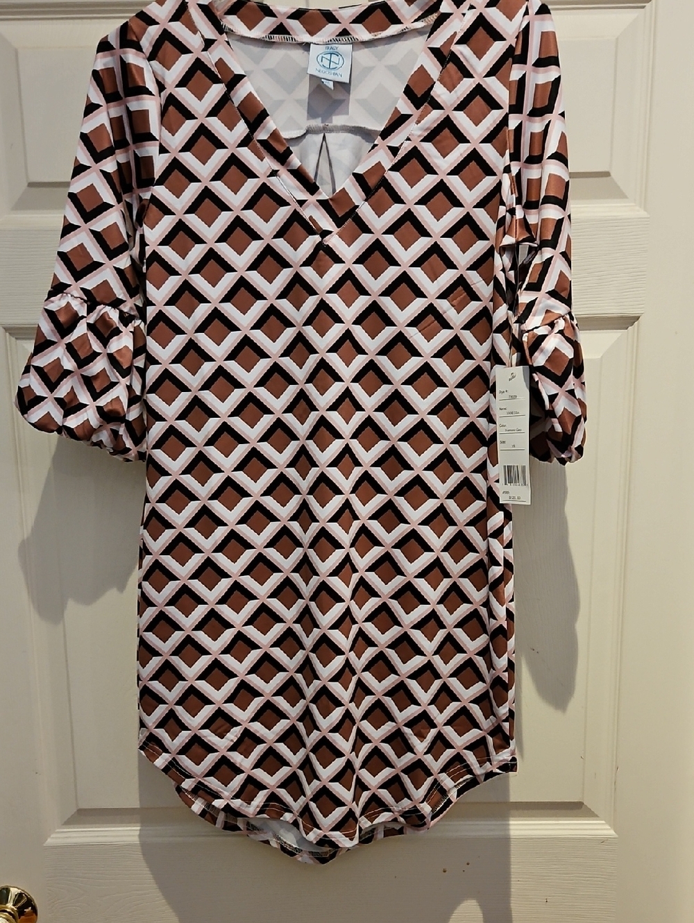 Tracy Negoshian Brown, Pink & Black Geometric V-Neck Mini Dress